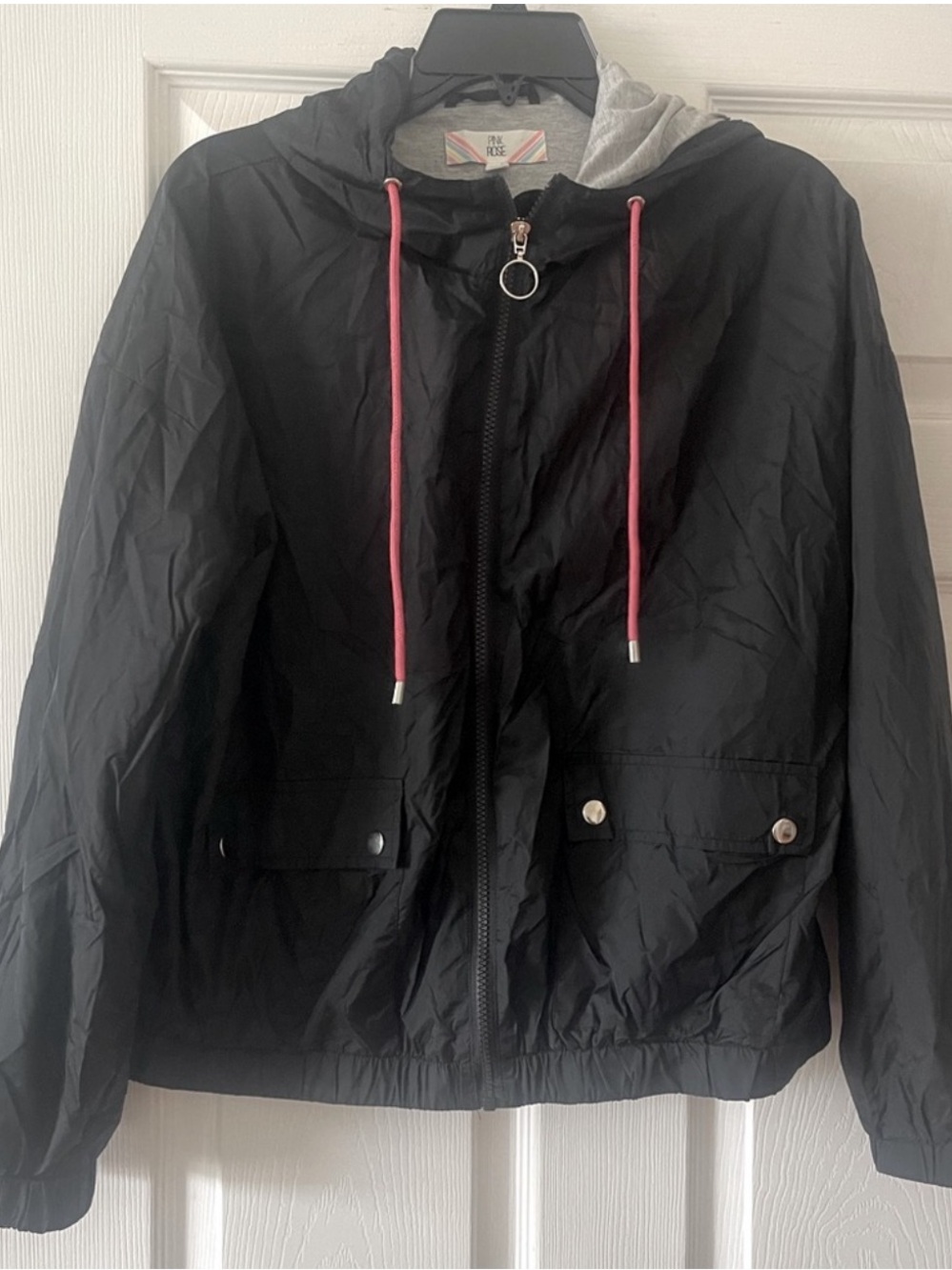 Pink Rose Black Hooded Raincoat with Pink Drawstrings